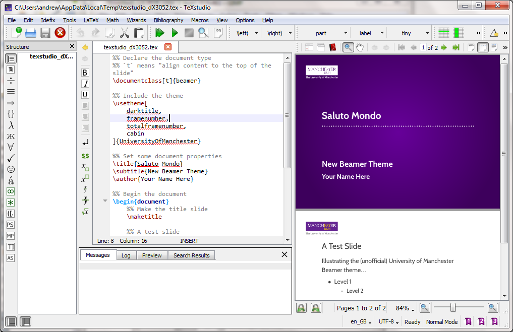 Building a basic presentation in TeXStudio